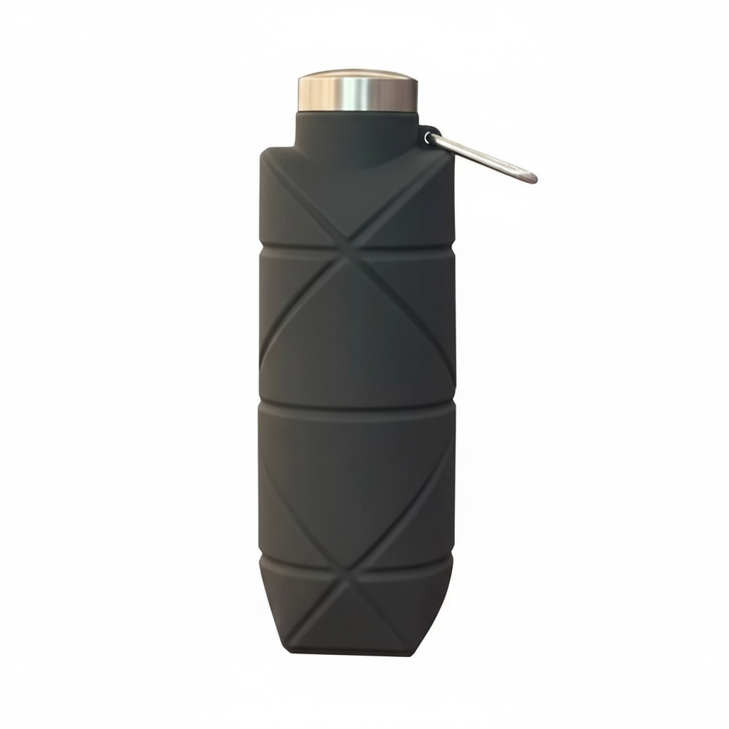 Black 500ml collapsible silicone water bottle fully expanded with stainless steel cap, front view on pure white background