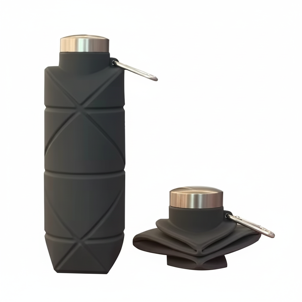 Black 500ml collapsible silicone water bottle shown expanded and collapsed side by side on pure white background