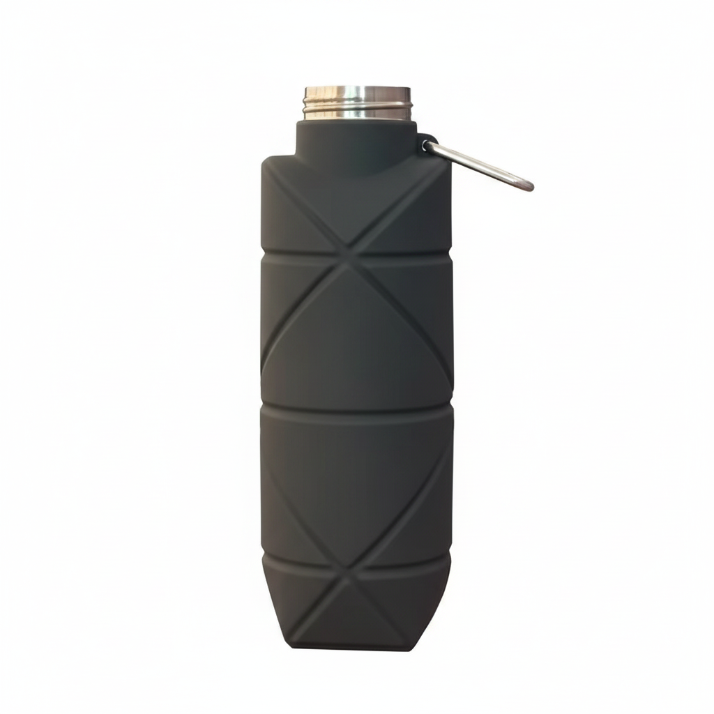Black 500ml collapsible silicone water bottle with stainless steel cap off showing the wide mouth, on pure white background