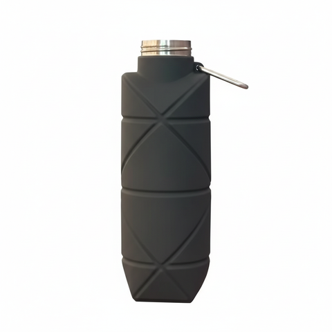 Black 500ml collapsible silicone water bottle with stainless steel cap off showing the wide mouth, on pure white background