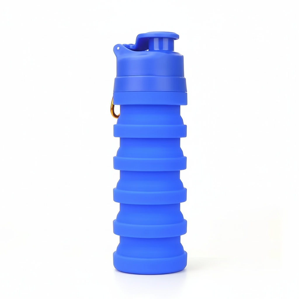 Blue 500ml collapsible silicone water bottle fully expanded with flip-top sport cap, front view on pure white background