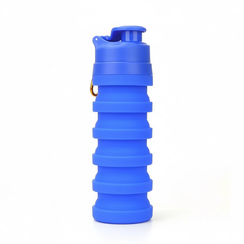 Blue 500ml collapsible silicone water bottle fully expanded with flip-top sport cap, front view on pure white background