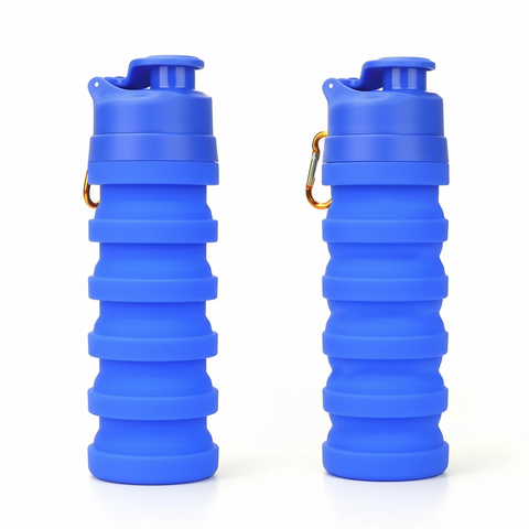 Blue 500ml collapsible silicone water bottle shown expanded and collapsed flat side by side on pure white background