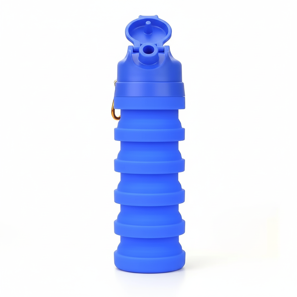 Blue 500ml collapsible silicone water bottle with flip-top spout open, on pure white background