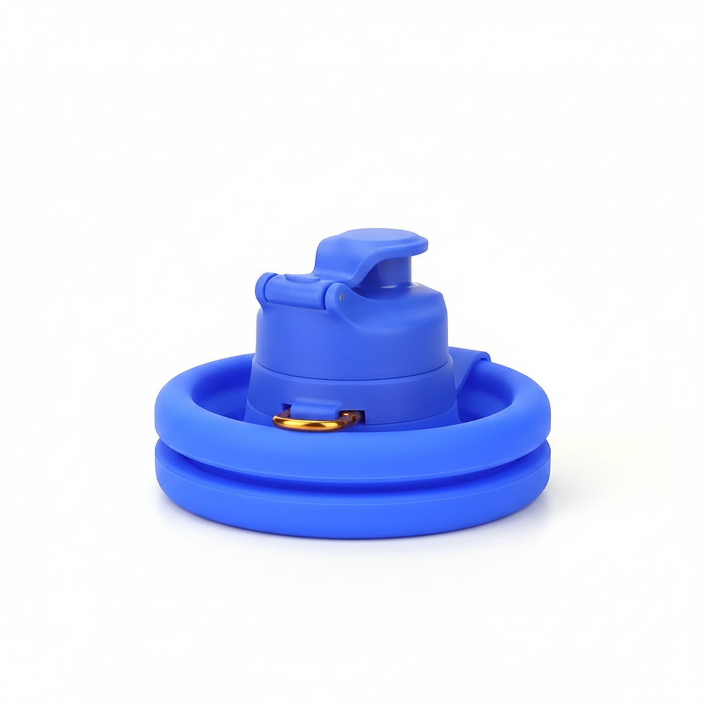 Blue collapsible silicone water bottle collapsed flat with metal carry ring on cap, on pure white background