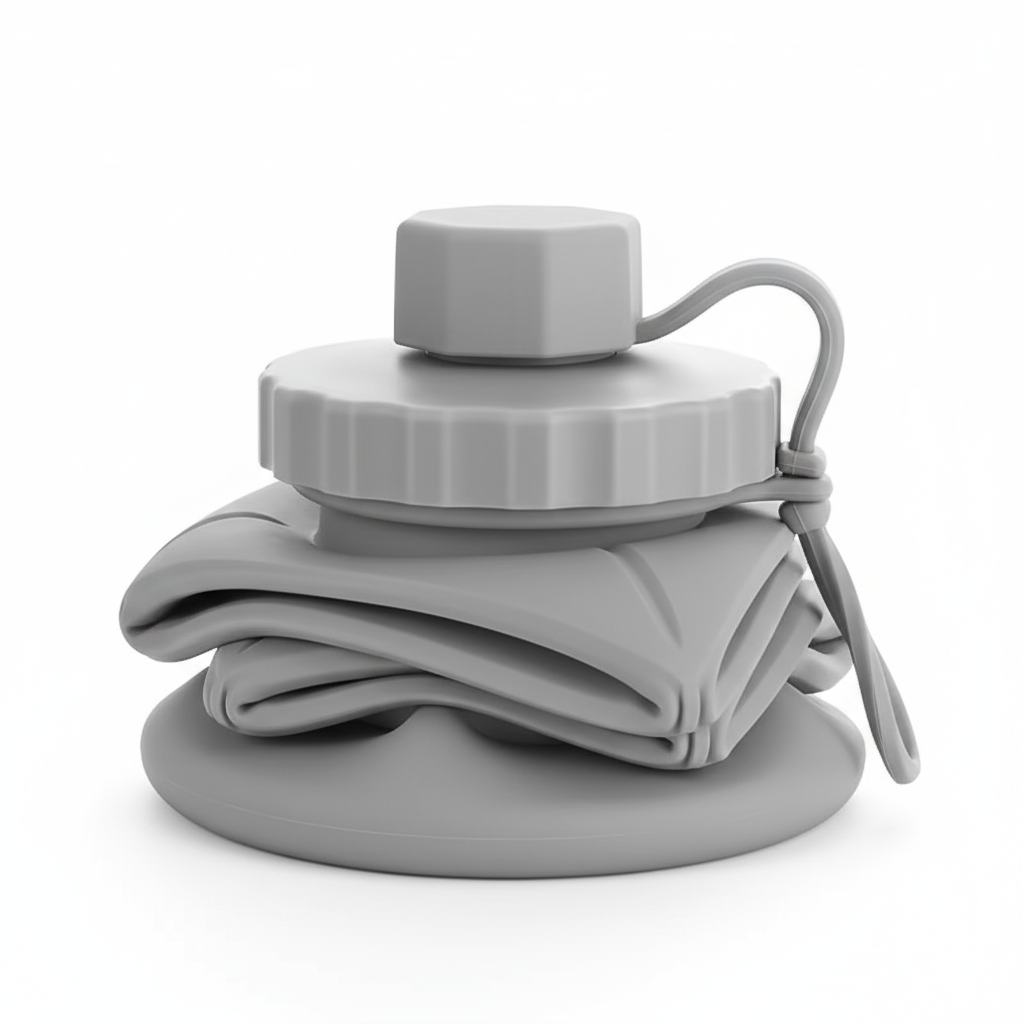Close-up detail of the gray collapsible silicone water bottle screw cap, carry loop, and folded body