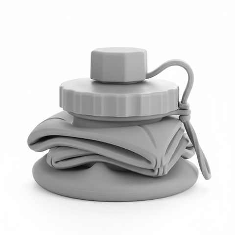 Close-up detail of the gray collapsible silicone water bottle screw cap, carry loop, and folded body