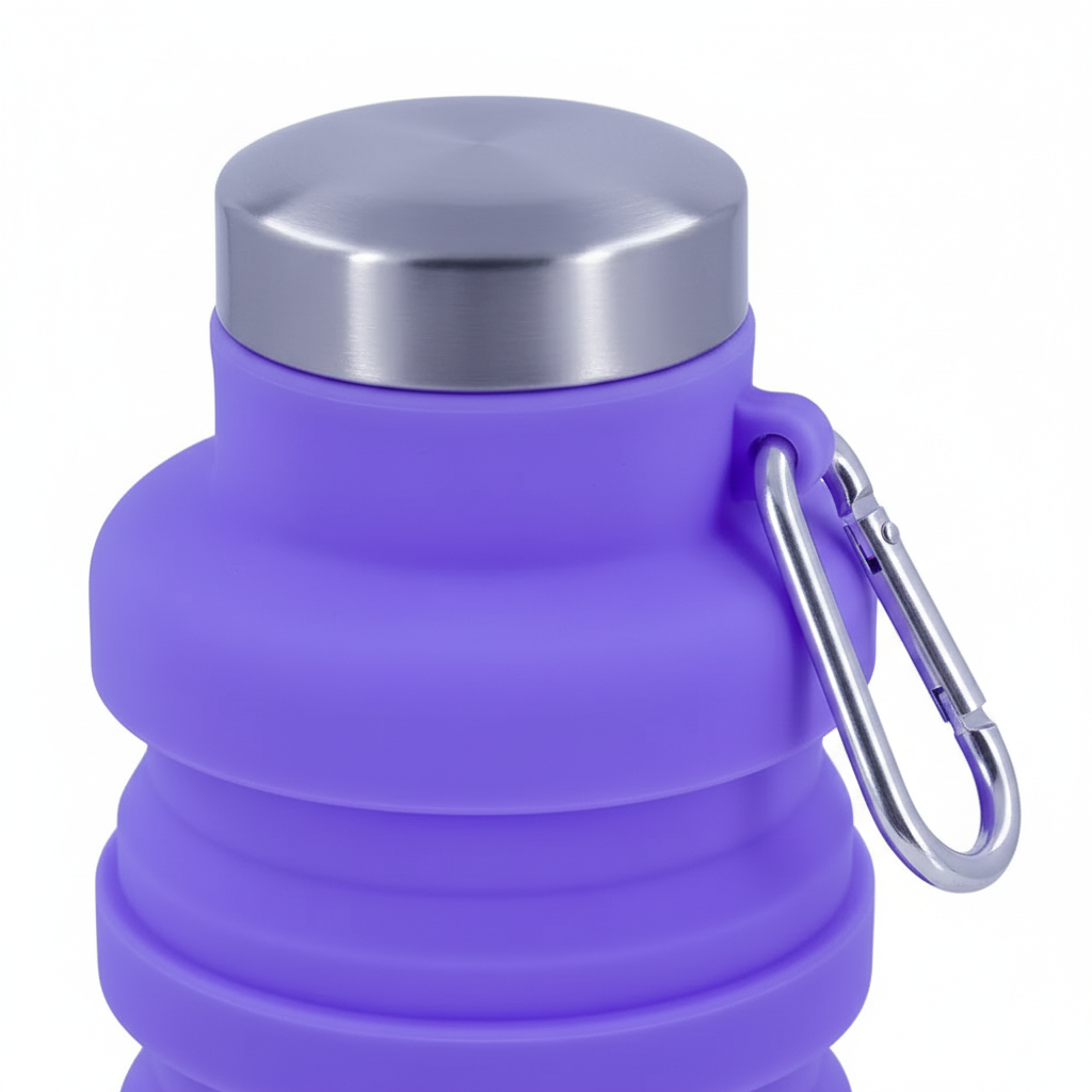 Close-up of the stainless steel cap and purple silicone ridges with carabiner on pure white background