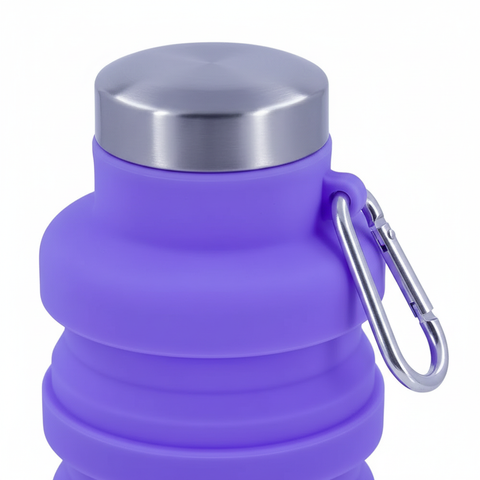 Close-up of the stainless steel cap and purple silicone ridges with carabiner on pure white background