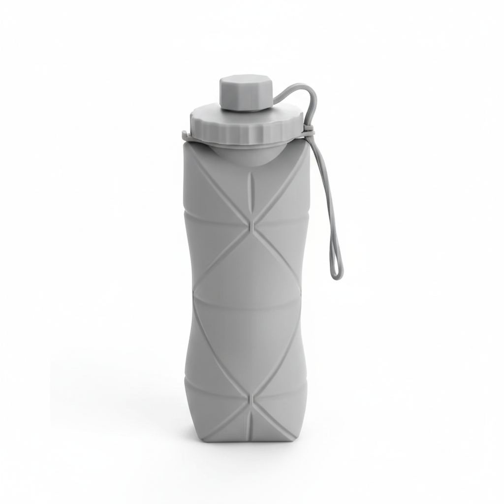 Front view of a gray 600 mL collapsible silicone water bottle on a pure white background