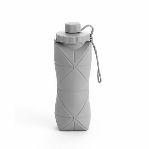 Front view of a gray 600 mL collapsible silicone water bottle on a pure white background