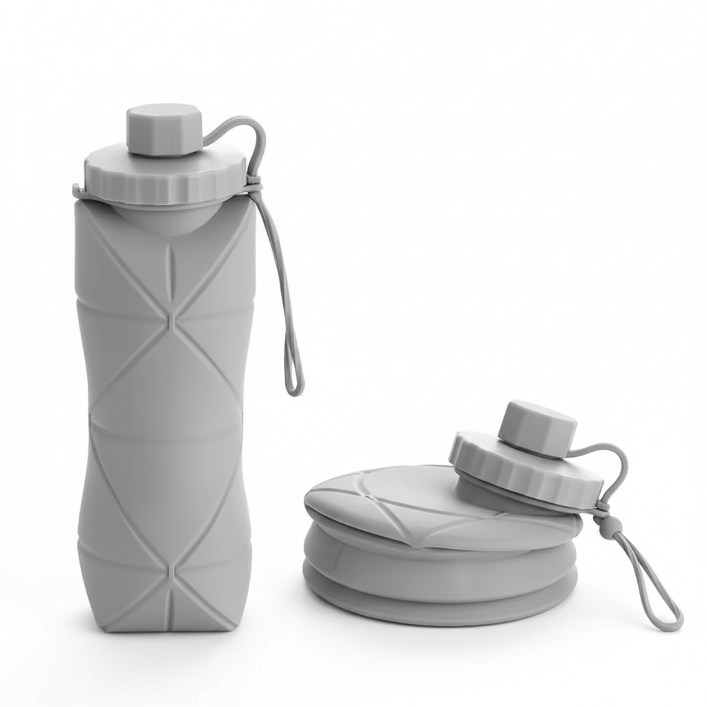 Gray 600 mL collapsible silicone water bottle shown folded beside its screw cap and carry loop
