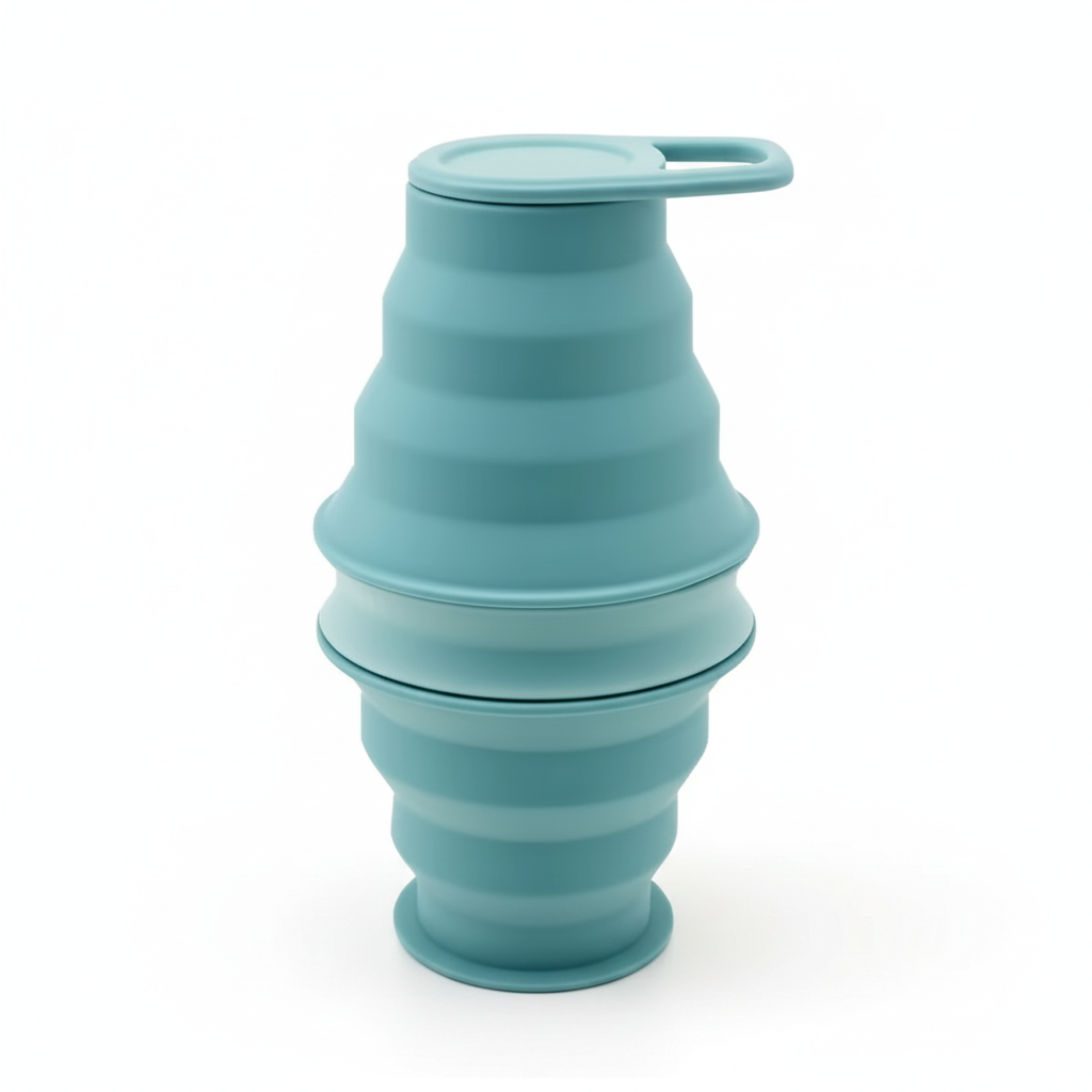 Mint 500ml collapsible silicone water bottle fully expanded with carry-loop cap, front view on pure white background