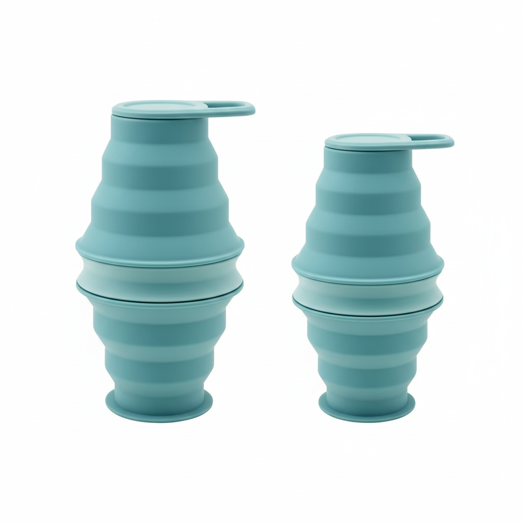 Mint 500ml collapsible silicone water bottle shown expanded and collapsed side by side on pure white background