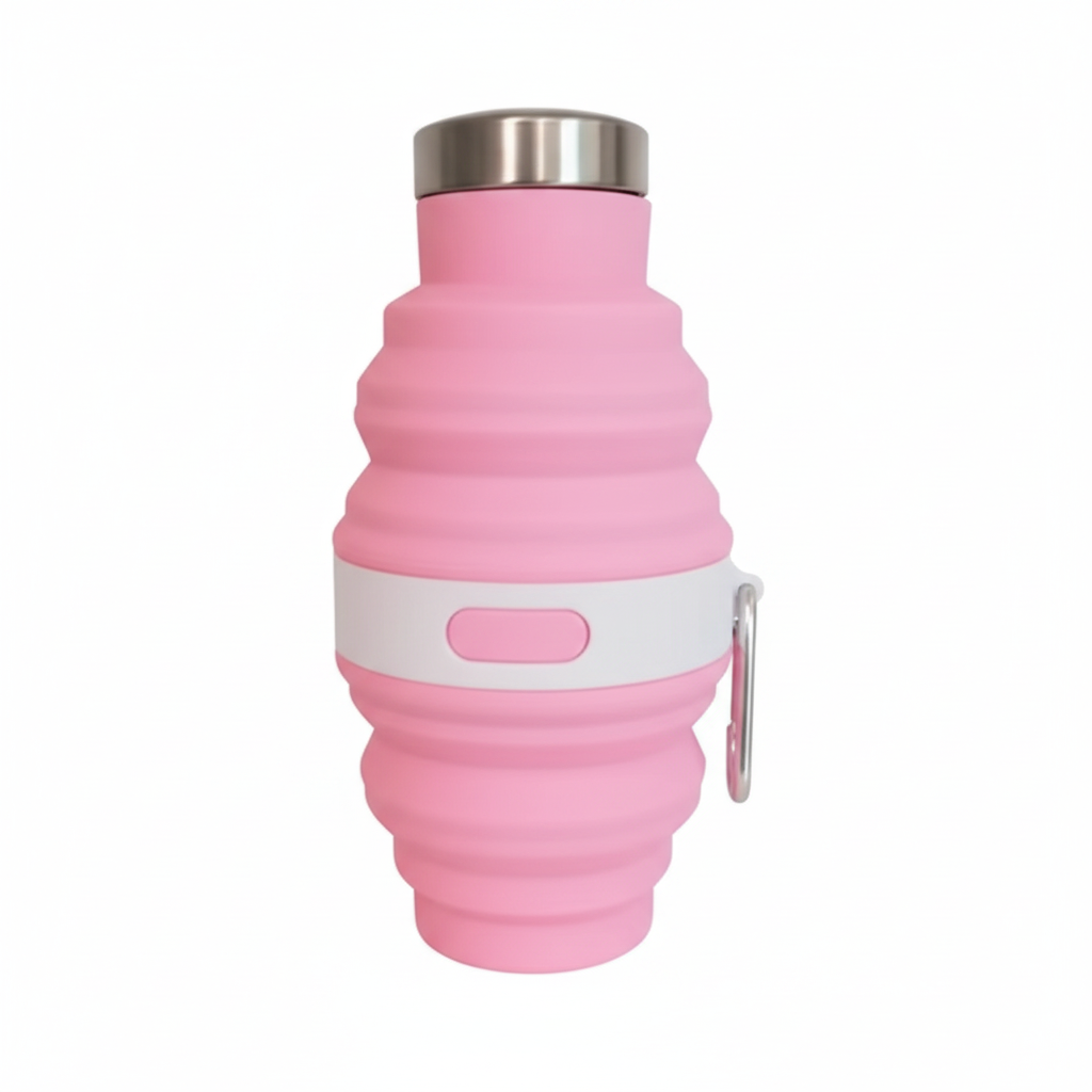 Pink 475ml collapsible silicone water bottle fully expanded with stainless steel cap, front view on pure white background