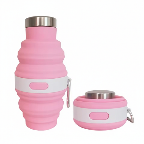 Pink 475ml collapsible silicone water bottle shown expanded and collapsed flat side by side on pure white background