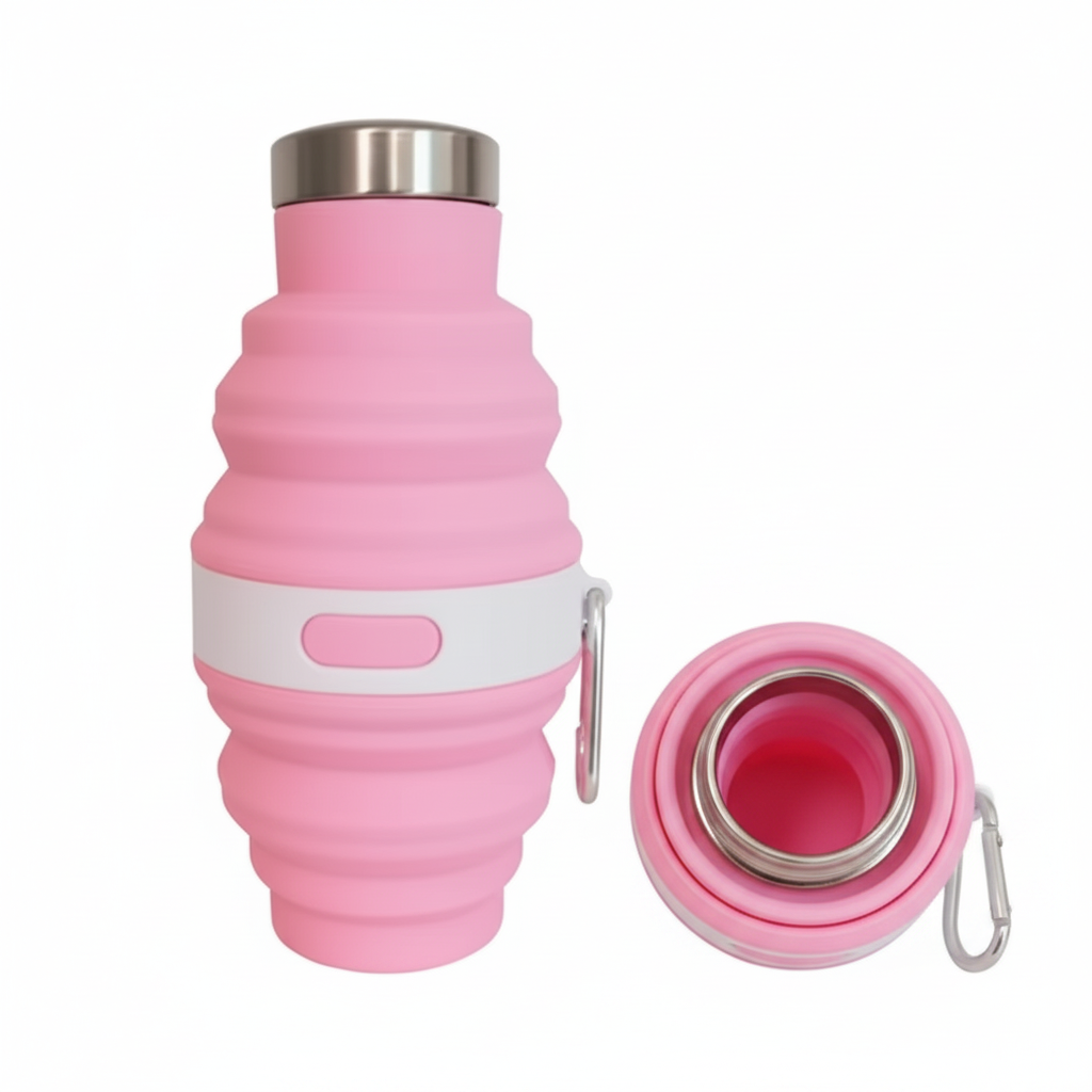 Pink 475ml collapsible silicone water bottle with cap open showing the wide mouth for filling, on pure white background