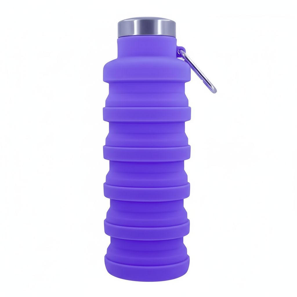 Purple 500ml collapsible silicone water bottle fully expanded with stainless steel cap, front view on pure white background