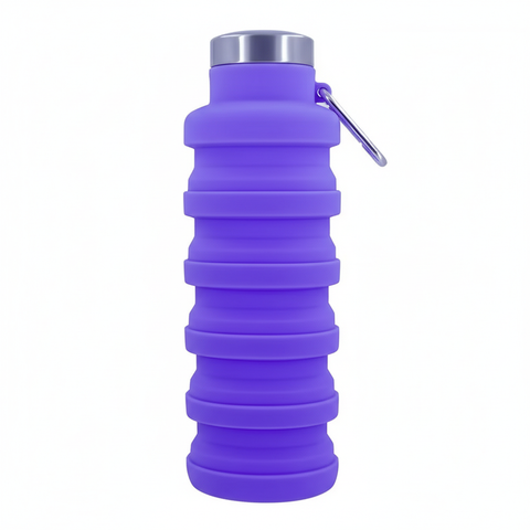 Purple 500ml collapsible silicone water bottle fully expanded with stainless steel cap, front view on pure white background