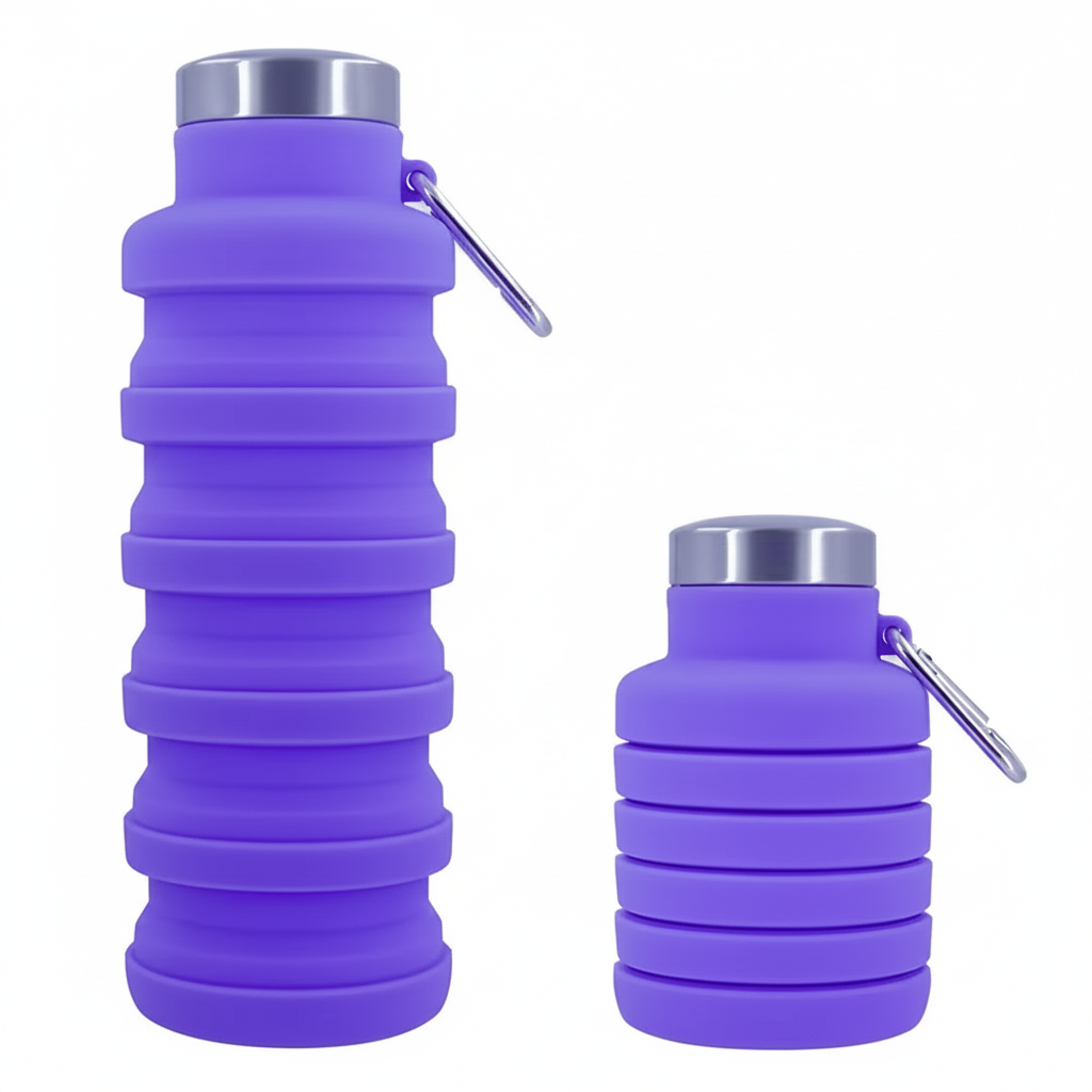Purple 500ml collapsible silicone water bottle shown expanded and collapsed side by side on pure white background