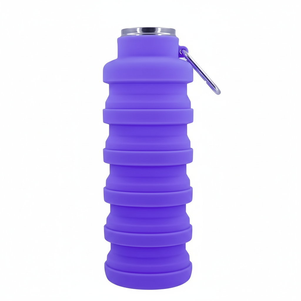 Purple 500ml collapsible silicone water bottle with stainless steel cap off showing the wide mouth, on pure white background