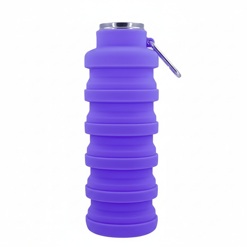 Purple 500ml collapsible silicone water bottle with stainless steel cap off showing the wide mouth, on pure white background