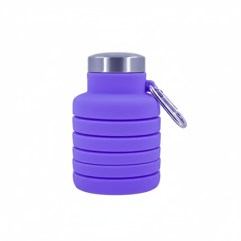 Purple collapsible silicone water bottle collapsed down short with aluminum carabiner clipped to the stainless steel cap, on pure white background