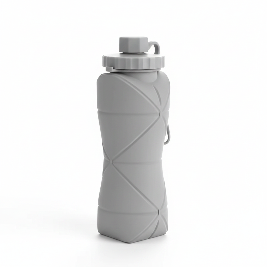 Three-quarter view of a gray 600 mL collapsible silicone water bottle with carry loop on a pure white background